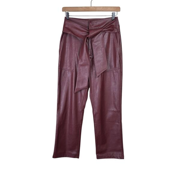 Lucy Paris Maroon Burgundy Faux Leather Cropped Bootcut High Waist Belted Pants - Picture 3 of 12